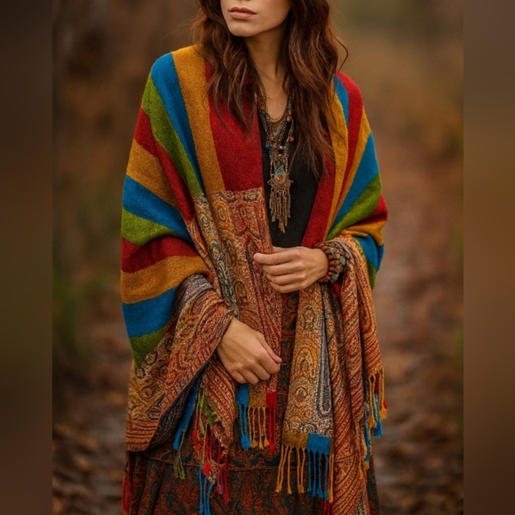 Unbranded Accessories - Pashmina Style Boho Paisley Rainbow Stripe Fringe Scarf Shawl Cover Up One Size‎